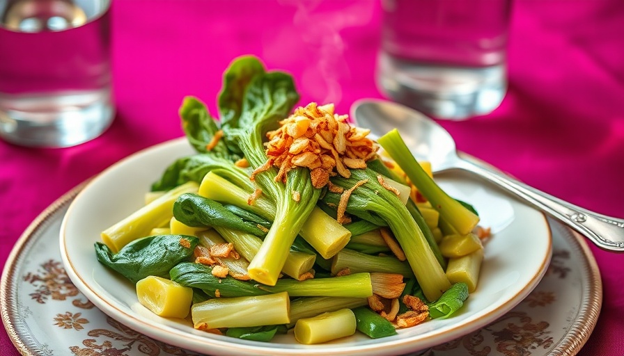 Vibrant stir-fried bok choy with garlic on decorative plate.