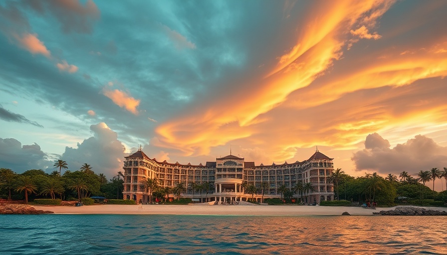 St. Regis Aruba beachfront hotel at sunset with ocean view.