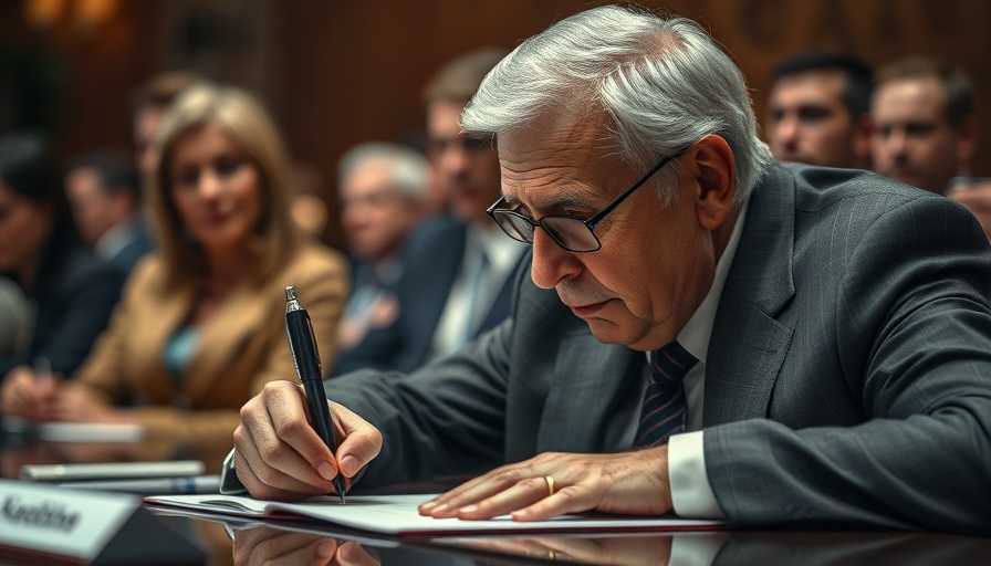 Older man signing document, related to Trump tariffs, deep focus in a formal setting.