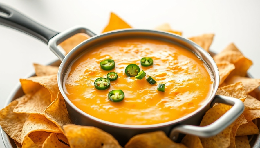 Delicious queso dip garnished with jalapeños, surrounded by chips.