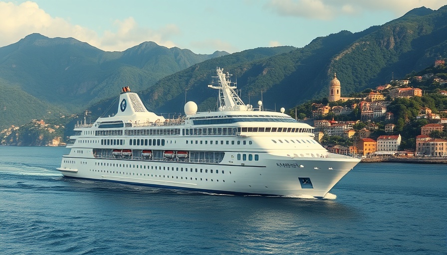 Cruise ship in a scenic bay near coastal town with mountains.