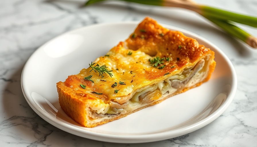 Leek tart slice on marble, perfect for leek recipes.