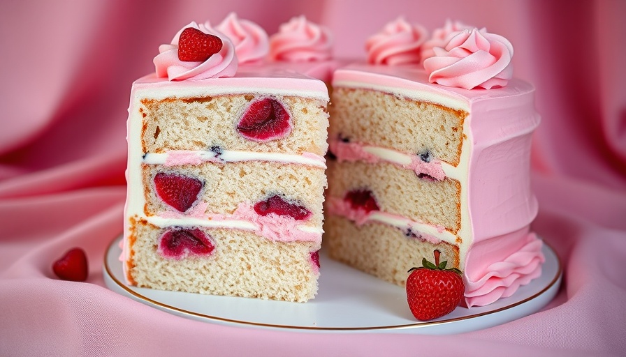 Homemade wedding cake with pink frosting and berry filling, slice cut.