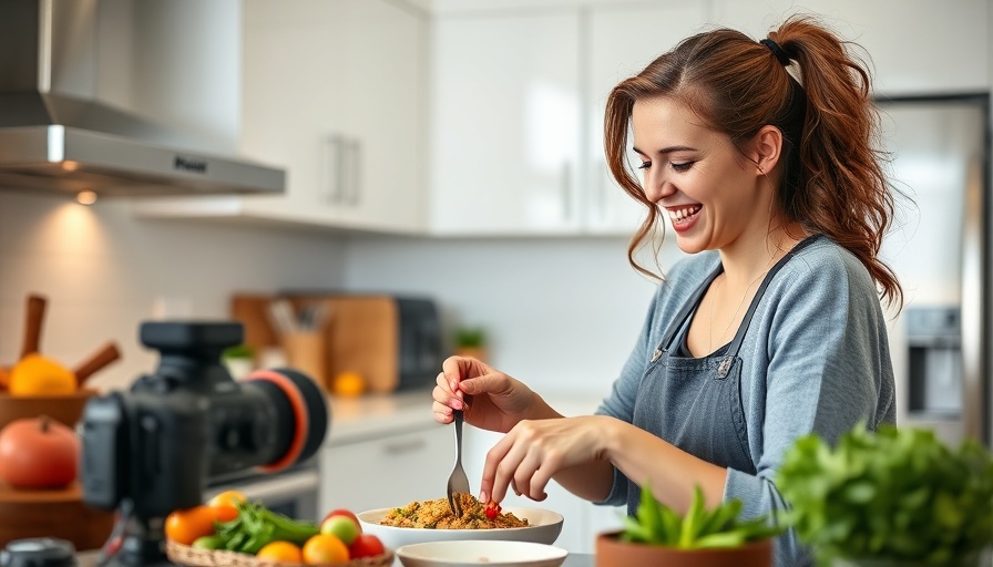 Young woman filming cooking video, showcasing video marketing statistics.