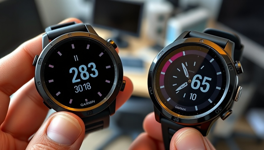 Two Garmin watches displaying vibrant and monochrome screens, close-up.