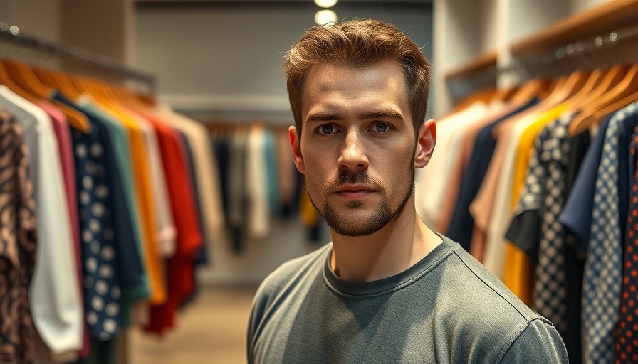 A man stands in a fashion showroom among clothing racks.