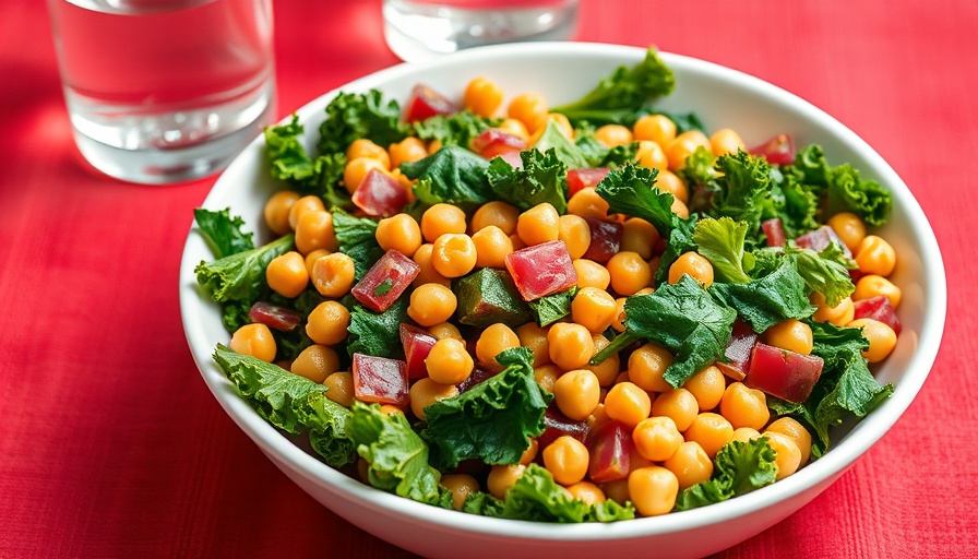 Colorful Happy Fridge Salad with chickpeas and kale in a bowl.