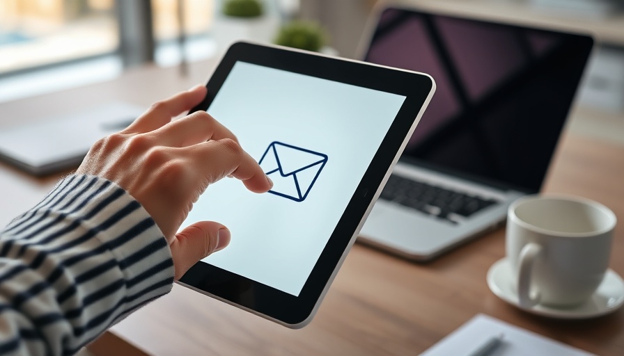 Person checking confirmation emails on a tablet with office setup.