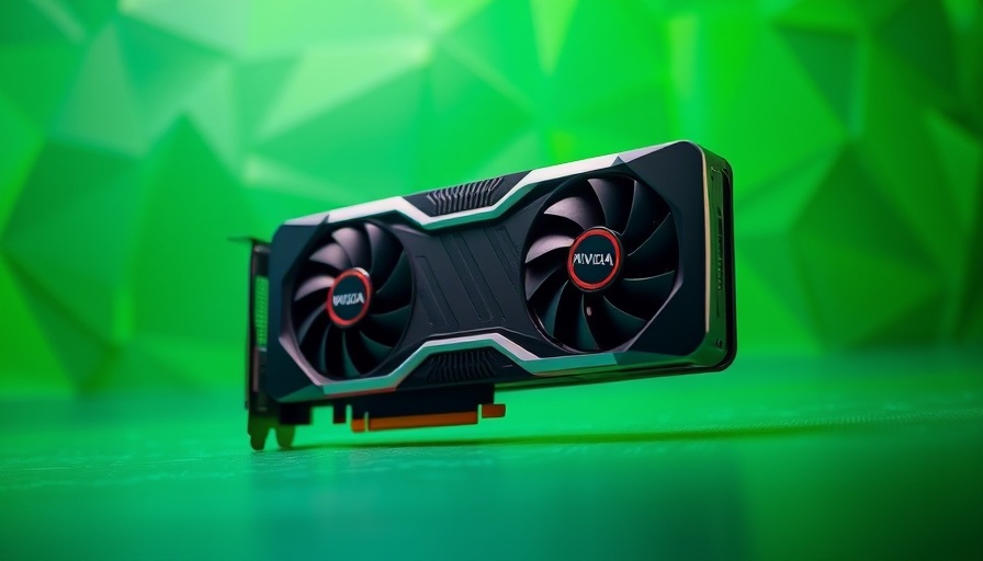 Sleek Nvidia RTX 5090 graphics card on green geometric background.