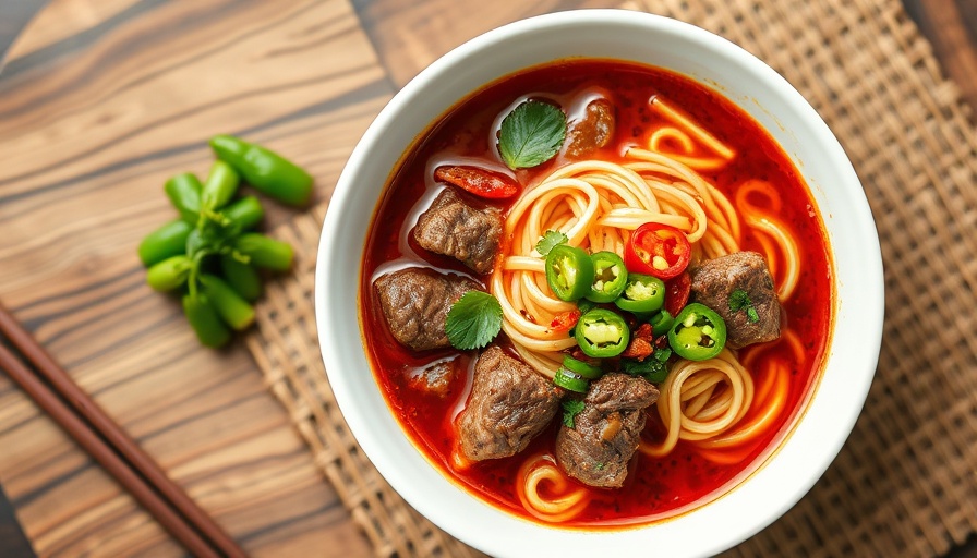 Vibrant five-spice beef noodle soup with herbs and jalapeños.