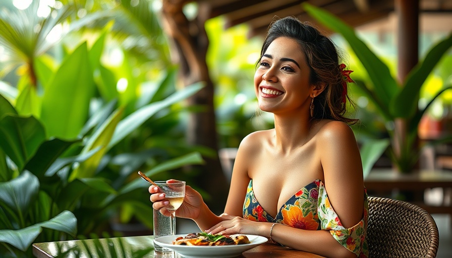 Elegant woman enjoying meal in tropical setting, Thai tourism.