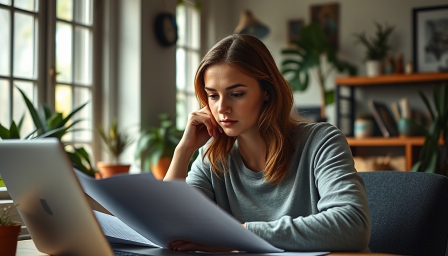 Woman considering state taxes for nonresidents in a sunlit home office.
