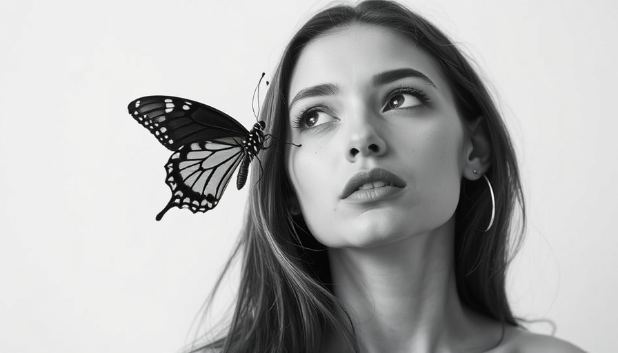Monochrome portrait of woman with butterfly symbolizing sustainability in luxury.