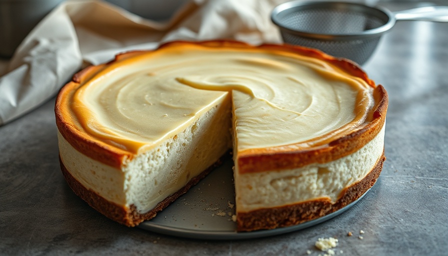 Rustic cheesecake with creamy topping sliced, Bake Club logo.