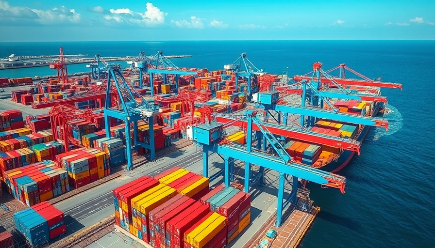Aerial view of port with shipping containers and cranes related to Trump tariffs.