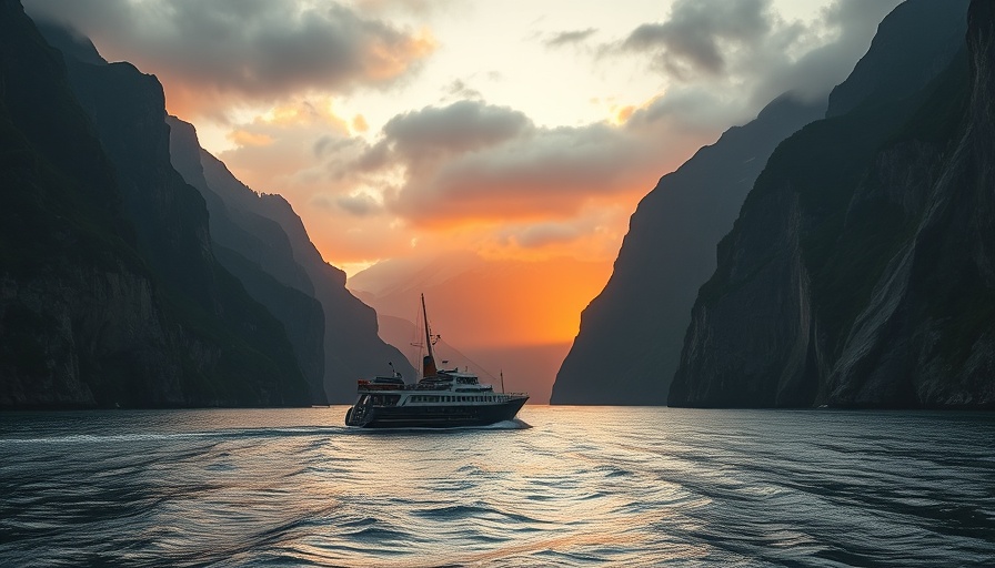 Boat in Norwegian fjord at sunset, showcasing Norway dining allure.