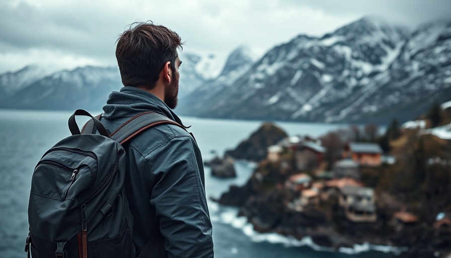 Man with backpack overlooking ocean, snowy mountains, ocean conservation theme.