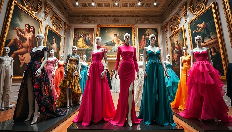 Fashion exhibition in Paris showcasing colorful couture dresses.