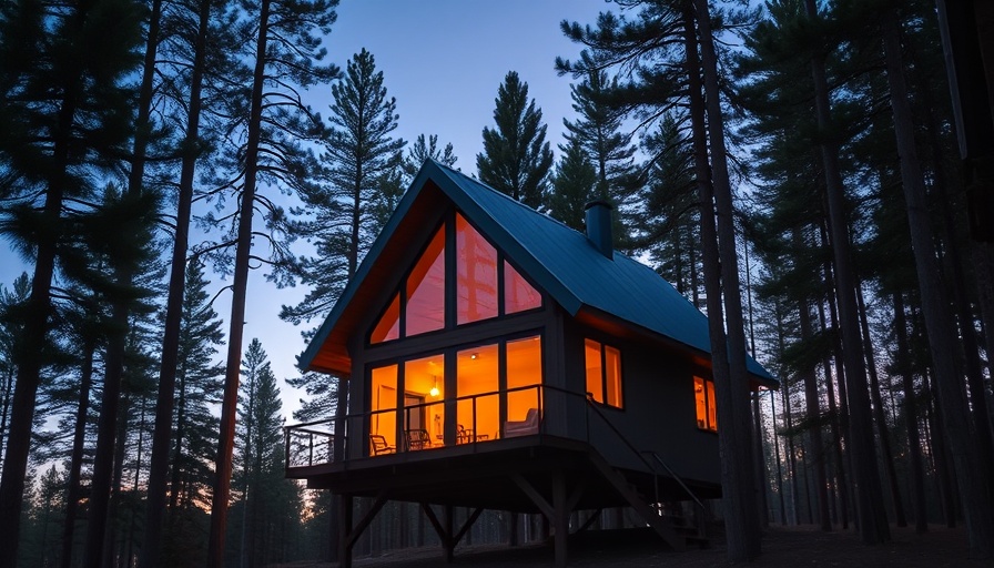 Luxury retreat cabin illuminated in forest twilight setting.