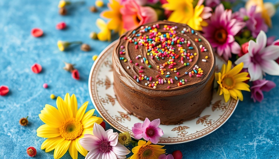 Frosted chocolate cake with sprinkles surrounded by flowers for February recipes.