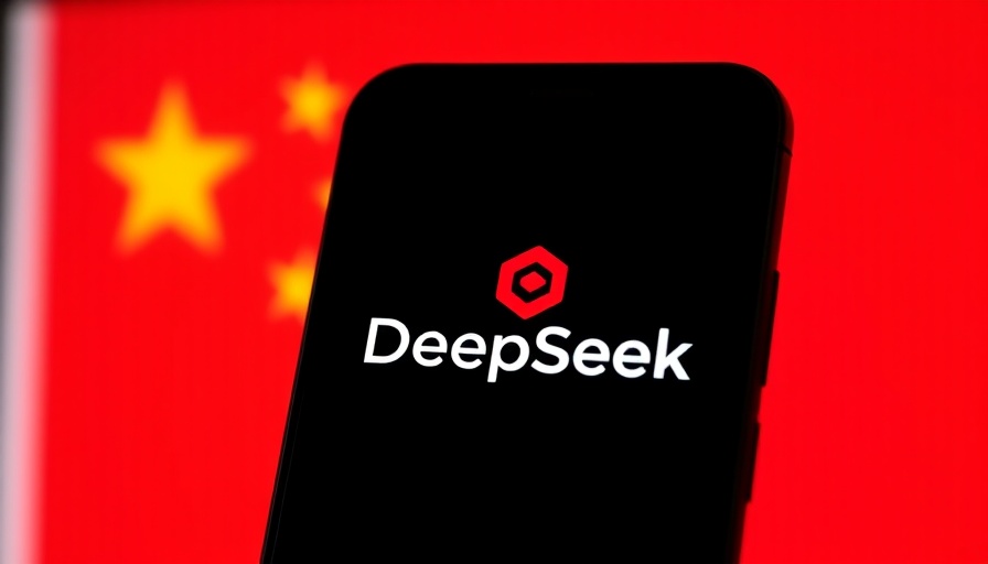 DeepSeek AI logo on phone with Chinese flag background.