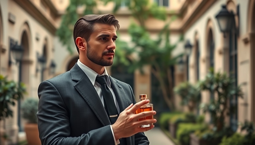 Sophisticated man holding fragrance bottle in elegant courtyard.