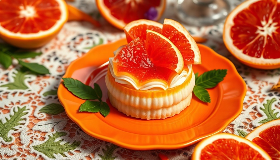 Delicious grapefruit dessert on ornate lace background.