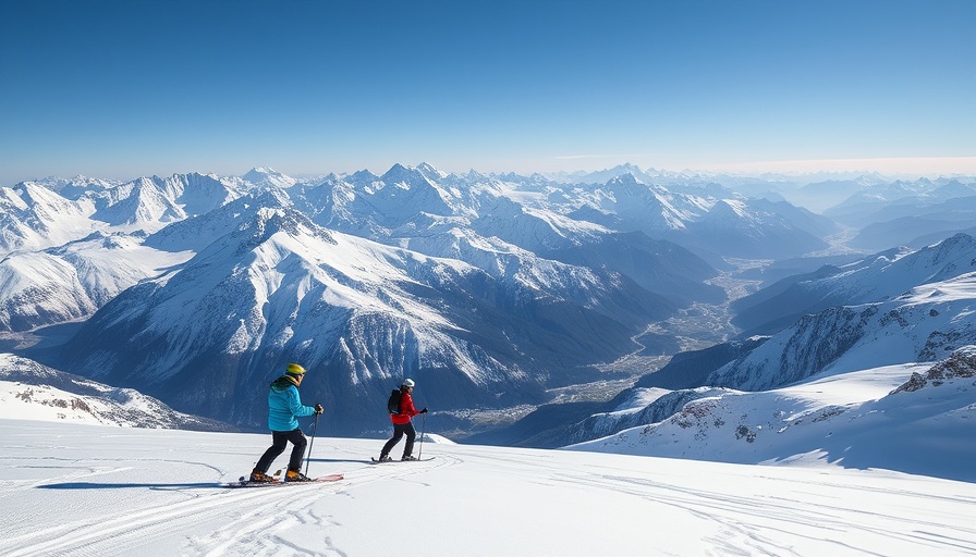 Luxury skiing with skiers on a snowy mountain peak, scenic view.