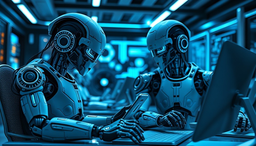 Futuristic robots using computers and phones, Internet of Agents concept.