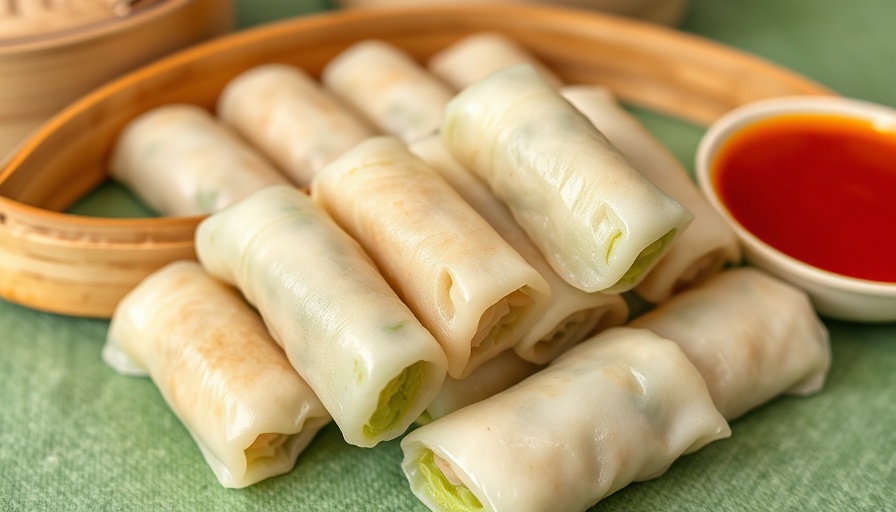 Delicious cabbage rolls in bamboo steamers with dipping sauce.