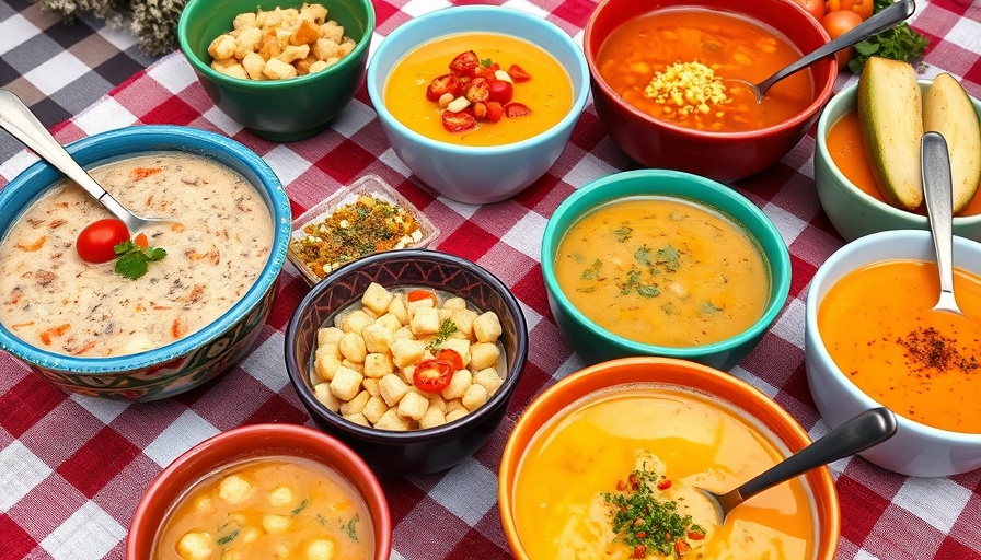 Bright bowls of blended pastina soup on a checkered tablecloth.