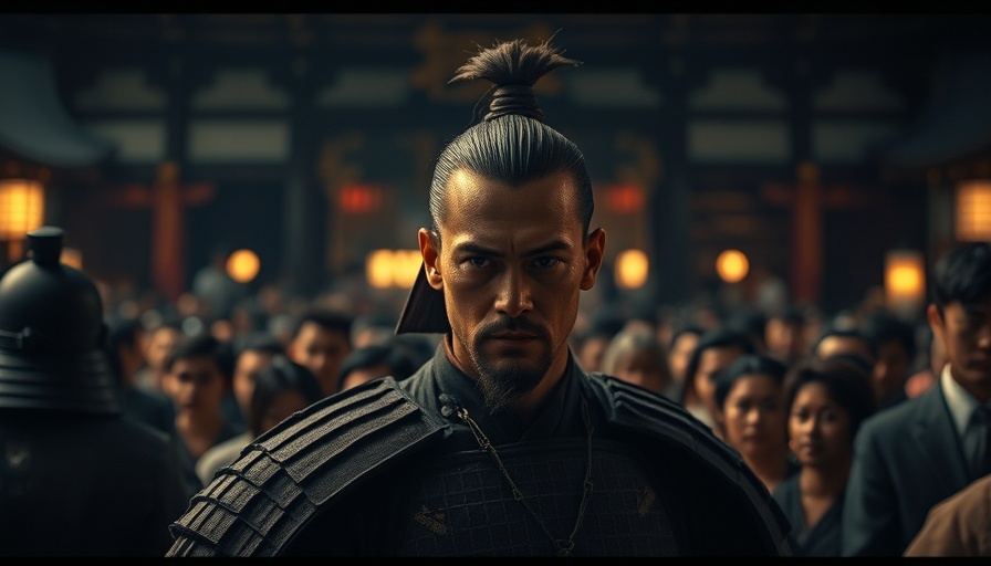 Pensive samurai in crowd at temple, Last Samurai Standing.