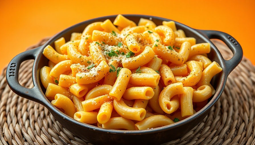 Delicious cheesy pasta recipe in a rustic pan with a wooden spoon.