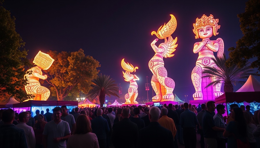Microfestivals celebration with illuminated sculptures at night.