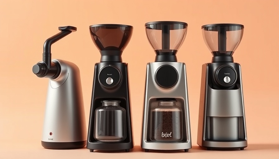 Sleek and modern coffee grinders on peach background.