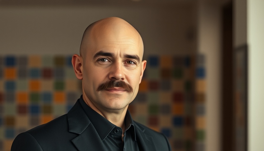 OTB Group names sustainability ambassador, bald man with mustache in black suit stands confidently with colorful tiles in background.