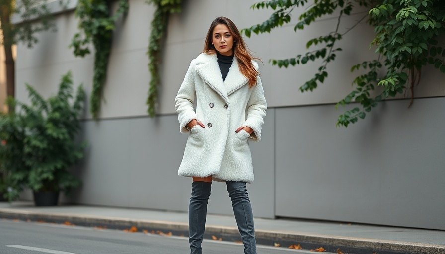 Stylish woman in white coat and grey boots on an urban street