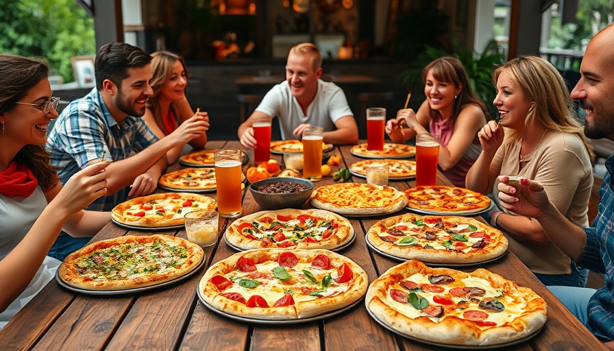 Diverse pizzas and people at a table, showcasing new pizza trends.