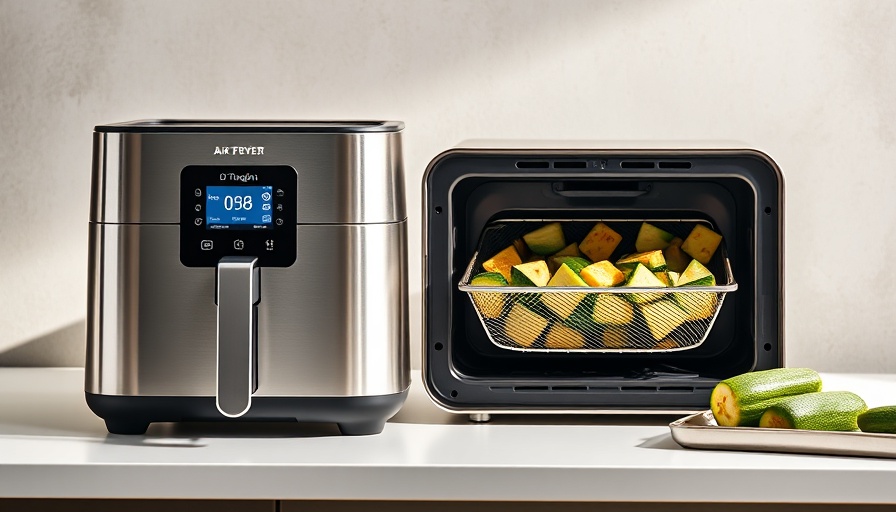 Modern air fryer oven with roasted zucchini cubes, clean and bright.
