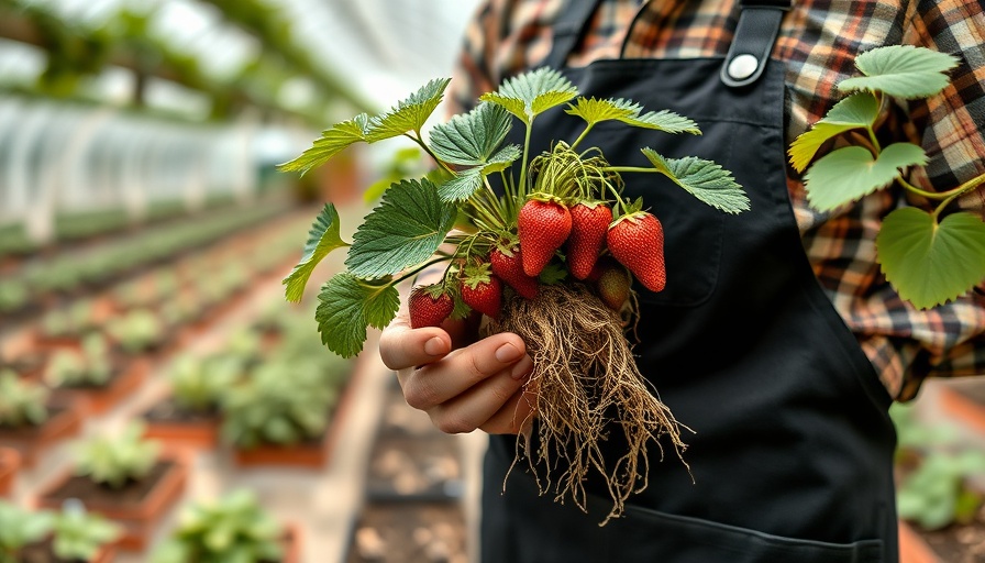 Gardener inspecting strawberry plant's roots in greenhouse setting.