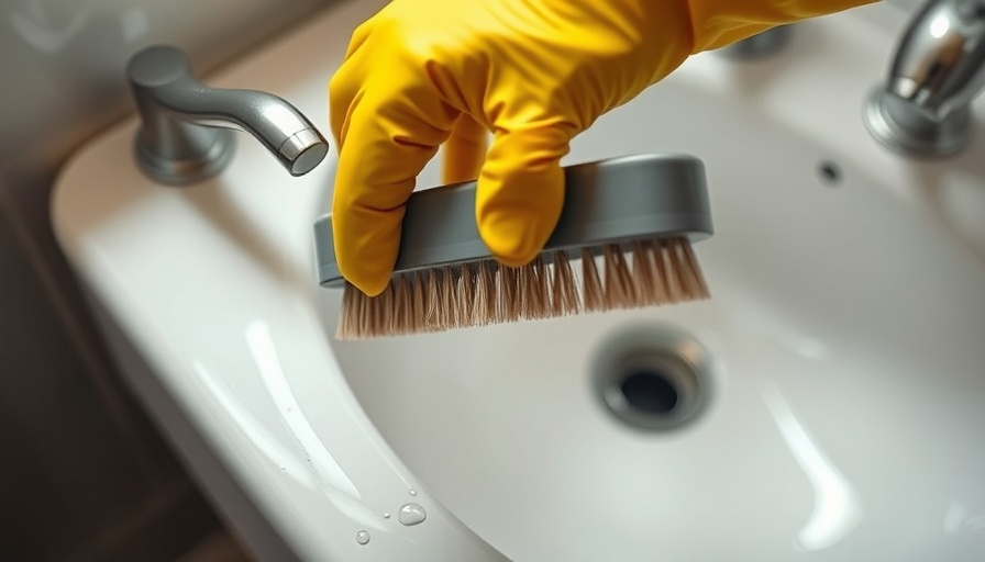 DIY grout cleaner used by hand in yellow glove scrubbing grout.