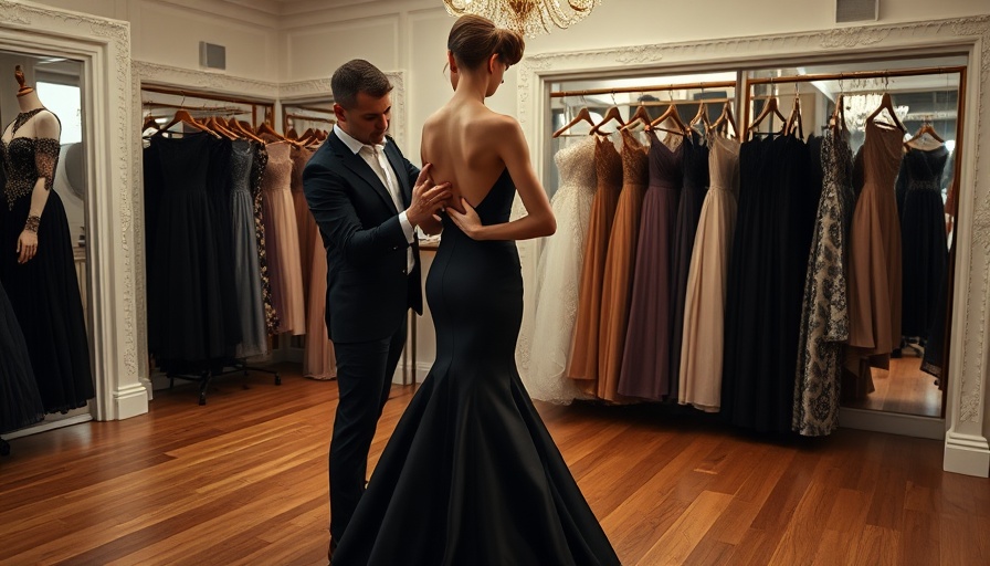 Fashion designer adjusting model's gown in elegant studio.