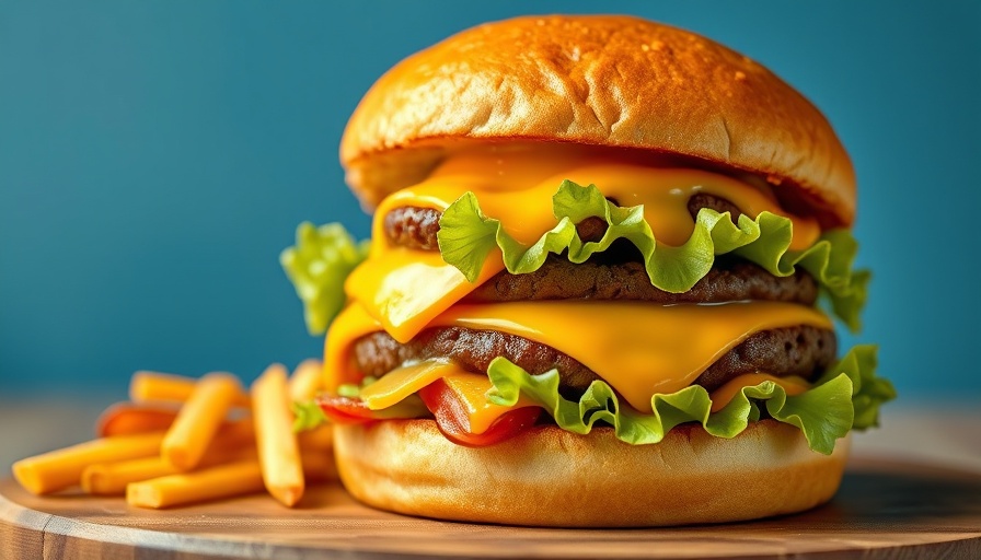 Juicy smash burger with toppings on a vibrant plate.