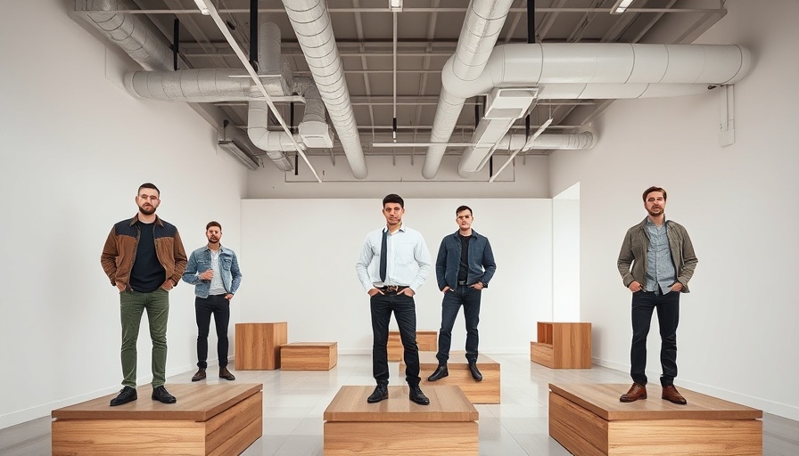 Casually dressed men in Sunnei's new minimalistic store interior.