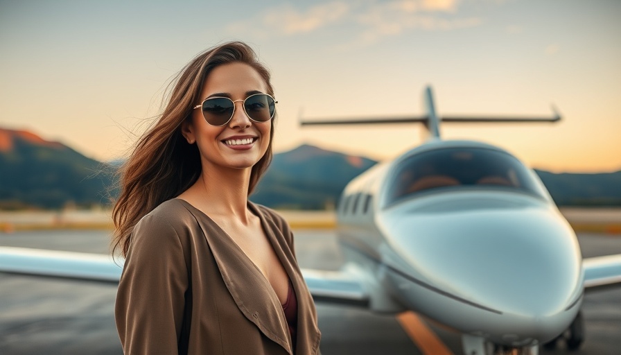 Woman enjoying luxury travel by private aviation on a scenic runway.