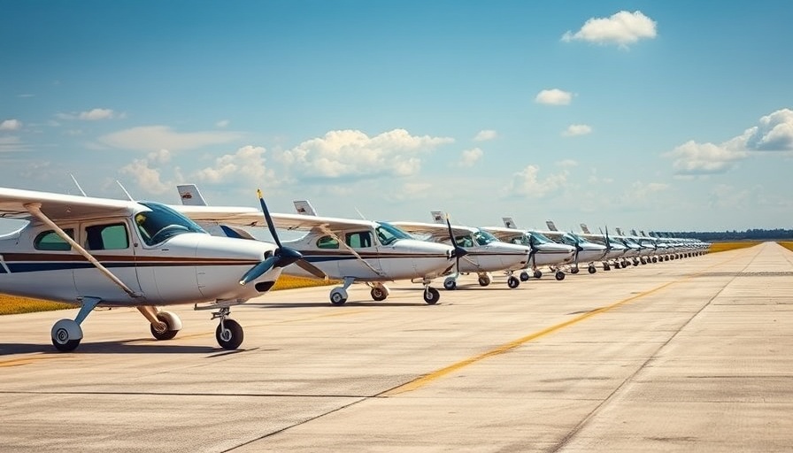 Training airplanes lined up, learn to fly setup on runway