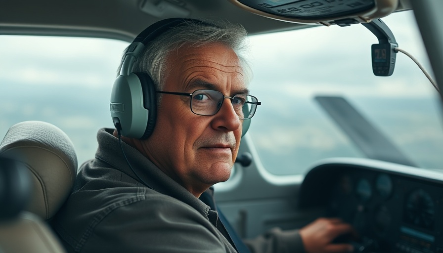 Focused older man piloting a small aircraft in a cockpit, learn to fly.