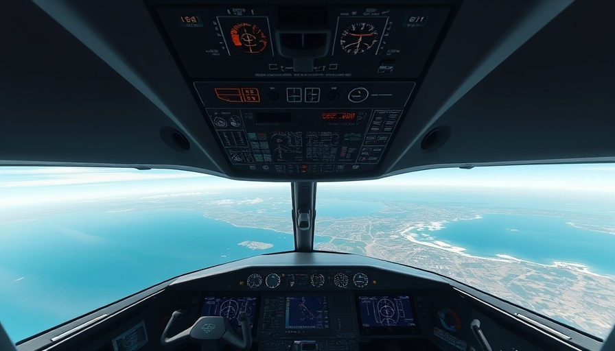 Modern aircraft cockpit with coastal view while learning to fly.