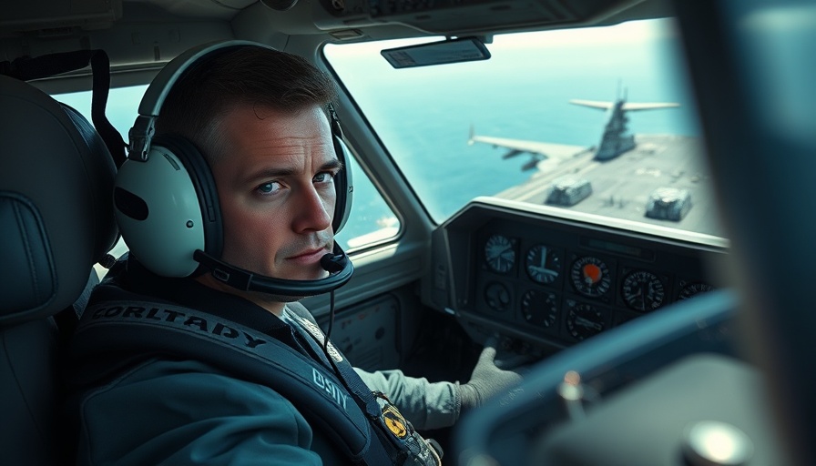 Navy pilot in cockpit flying over ocean, aircraft carrier in view.