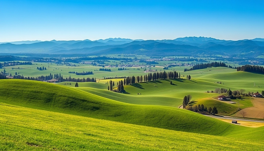 Vast green field near Afton Municipal Airport, distant mountains under blue sky